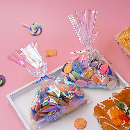 Cellophane Bags,100 Pcs 5x7 Inch Cellophane Treat Bags, Iridescent Holographic Candy Bags, Clear Goodie Bags with Colorful Twist Ties for Birthday Party Favors, Halloween,Christmas, Weddings, Baby Showers