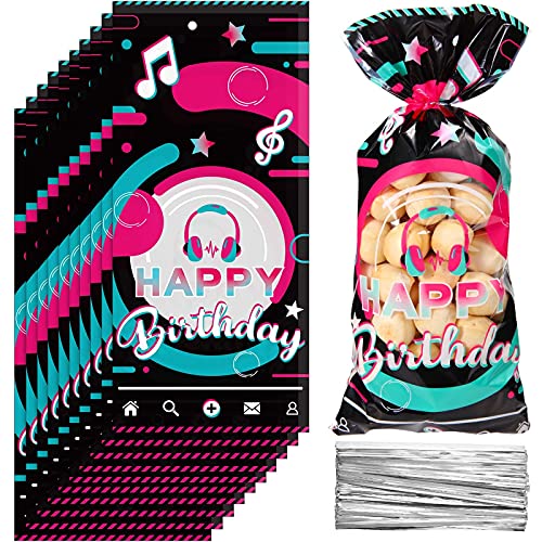 100 Pieces Music Party Cellophane Treat Bags, Black Pink Blue Happy Birthday Party Plastic Candy Bags Goodie Favor Bags with 100 Silver Twist Ties for Teens Social Media Theme Birthday Party Supplies