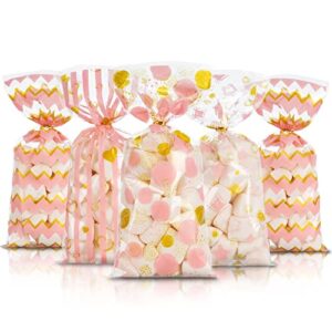 whaline 120 pack valentine’s day cellophane bags with twist ties wedding cello bags pink gold goodie treat bags dots stripes stars hearts candy bags for baby shower birthday valentines party supplies