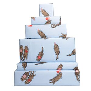 central 23 6 wrapping paper sheets – birthday otters – blue gift wrap for men women – friends wrapping paper – valentines day wrapping paper for him her – comes with stickers