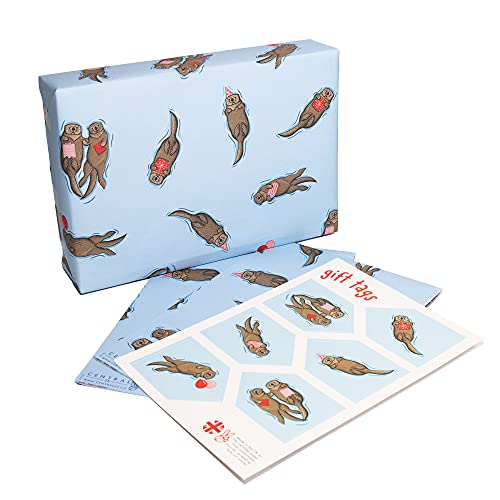 CENTRAL 23 6 Wrapping Paper Sheets - Birthday Otters - Blue Gift Wrap for Men Women - Friends Wrapping Paper - Valentines Day Wrapping Paper For Him Her - Comes with Stickers