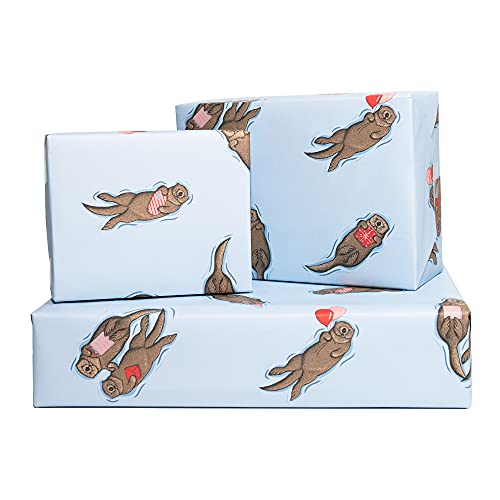 CENTRAL 23 6 Wrapping Paper Sheets - Birthday Otters - Blue Gift Wrap for Men Women - Friends Wrapping Paper - Valentines Day Wrapping Paper For Him Her - Comes with Stickers