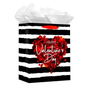 waahome happy valentines day gift bag with handle 13”x10.5”x5.8” large red rose gift bags with tissue paper, romantic valentines gift bags for her him girlfriend boyfriend wife husband women
