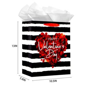 WaaHome Happy Valentines Day Gift Bag with Handle 13''x10.5''x5.8'' Large Red Rose Gift Bags with Tissue Paper, Romantic Valentines Gift Bags for Her Him Girlfriend Boyfriend Wife Husband Women