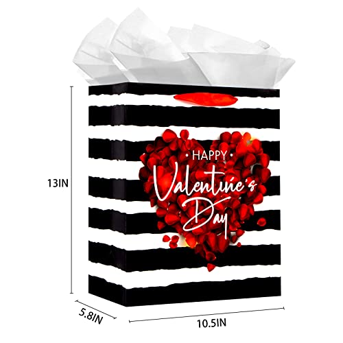 WaaHome Happy Valentines Day Gift Bag with Handle 13''x10.5''x5.8'' Large Red Rose Gift Bags with Tissue Paper, Romantic Valentines Gift Bags for Her Him Girlfriend Boyfriend Wife Husband Women