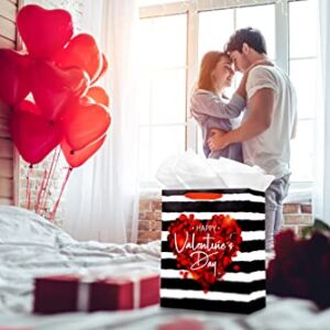 WaaHome Happy Valentines Day Gift Bag with Handle 13''x10.5''x5.8'' Large Red Rose Gift Bags with Tissue Paper, Romantic Valentines Gift Bags for Her Him Girlfriend Boyfriend Wife Husband Women