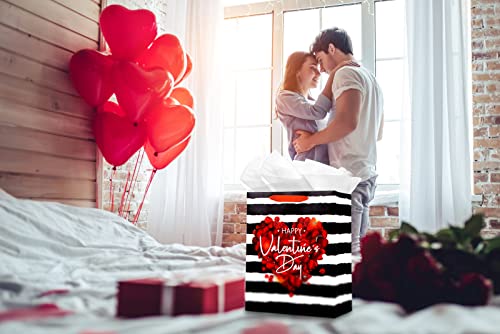 WaaHome Happy Valentines Day Gift Bag with Handle 13''x10.5''x5.8'' Large Red Rose Gift Bags with Tissue Paper, Romantic Valentines Gift Bags for Her Him Girlfriend Boyfriend Wife Husband Women