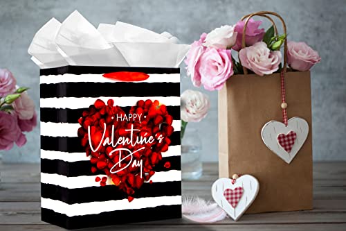 WaaHome Happy Valentines Day Gift Bag with Handle 13''x10.5''x5.8'' Large Red Rose Gift Bags with Tissue Paper, Romantic Valentines Gift Bags for Her Him Girlfriend Boyfriend Wife Husband Women