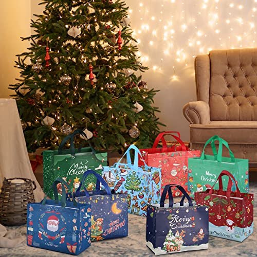 PARSUP 8PCS Christmas Gift Bags,Christmas Tote Bags with Handles, Christmas Treat Bags, Multifunctional Non-Woven Christmas Bags for Gifts Wrapping Shopping, Xmas Party Supplies, 12.8"×9.8"×6.7"