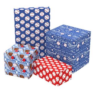 fiehala flat wrapping paper sheets – 12 sheets with 4 baseball patterns – pre cut & folded flat design (20 inch × 27.5 inch per sheet)
