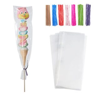 tendwarm 100 pcs 4×11 inch clear long candy cello cellophane treat bags with 7 mix colors twist ties perfect for birthday favor candles pretzel icy candy popsicle