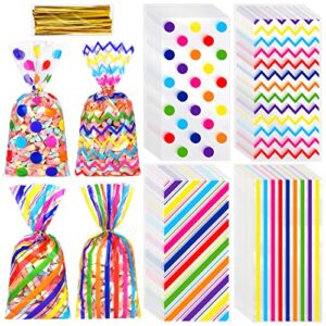 aodaer 100 pieces rainbow cellophane bags plastic candy gift bags cellophane treat bags with twist ties stripes polka dot printed pattern goodie bags for birthday weddings party favors