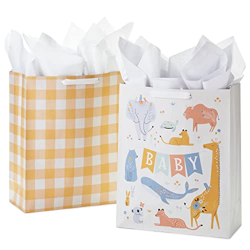 Hallmark 15" Extra Large Gift Bags with Tissue Paper (2 Bags: Baby Animals, Yellow Gingham) for Baby Showers, 1st Birthdays, Gender Reveal Parties