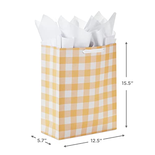 Hallmark 15" Extra Large Gift Bags with Tissue Paper (2 Bags: Baby Animals, Yellow Gingham) for Baby Showers, 1st Birthdays, Gender Reveal Parties