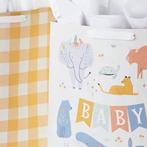 Hallmark 15" Extra Large Gift Bags with Tissue Paper (2 Bags: Baby Animals, Yellow Gingham) for Baby Showers, 1st Birthdays, Gender Reveal Parties