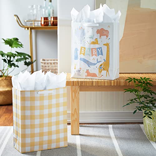 Hallmark 15" Extra Large Gift Bags with Tissue Paper (2 Bags: Baby Animals, Yellow Gingham) for Baby Showers, 1st Birthdays, Gender Reveal Parties