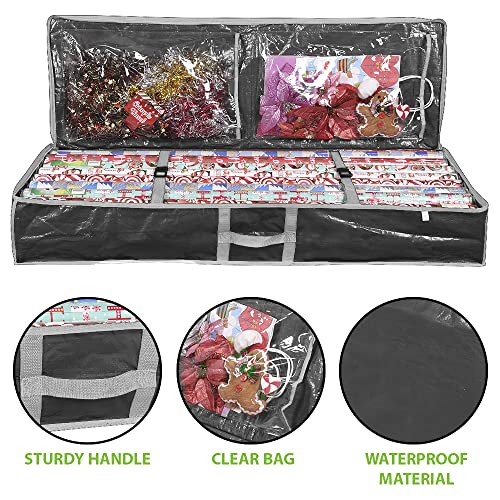 ProPik Wrapping Paper Storage Containers | Gift Wrap Organizer Under Bed 41”x14”x6” Fits 18-24 Rolls Fit Up to 40” Long Roll Wrap Storage Box Holder with Pockets for Ribbon Bows & Accessories (Black)