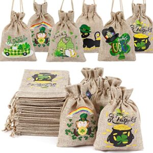 junebrushs st patricks day burlap gift bags, 42 pack saint patricks linen burlap bag with drawstring st. patrick’s day goodie candy treat bags for kids irish party favors shamrock clovers small gift bags