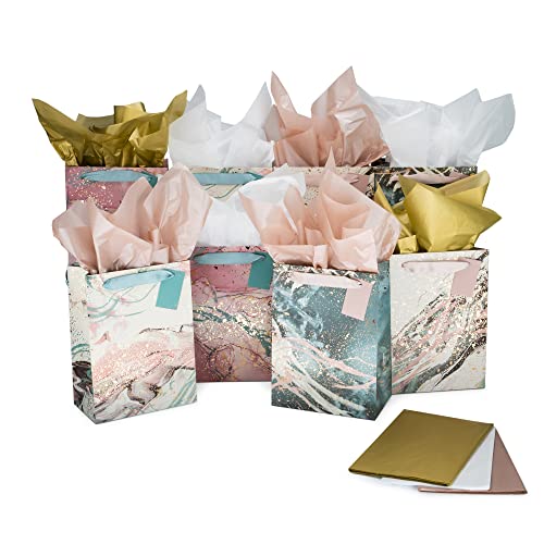 The Bag Lady - Pastel Gift Bags with Handles - Set of 8 Teal & Pink Gift Bags with Gorgeous Gold Foil - 9.5 x 7 Inch Bags Come with Tags & Colorful Tissue Paper - Officially Certified by the FSC C113128