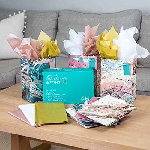 The Bag Lady - Pastel Gift Bags with Handles - Set of 8 Teal & Pink Gift Bags with Gorgeous Gold Foil - 9.5 x 7 Inch Bags Come with Tags & Colorful Tissue Paper - Officially Certified by the FSC C113128