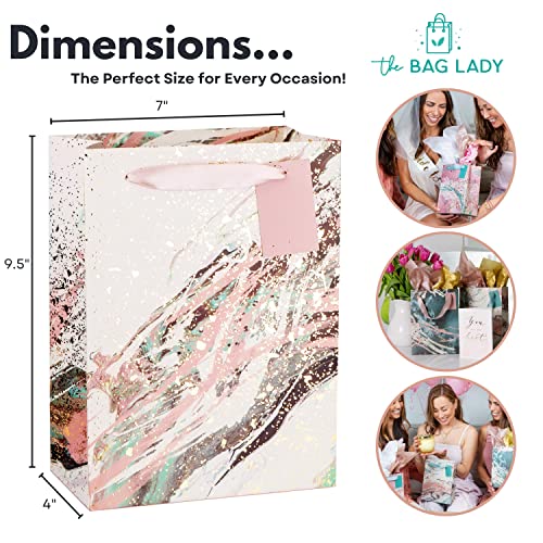 The Bag Lady - Pastel Gift Bags with Handles - Set of 8 Teal & Pink Gift Bags with Gorgeous Gold Foil - 9.5 x 7 Inch Bags Come with Tags & Colorful Tissue Paper - Officially Certified by the FSC C113128