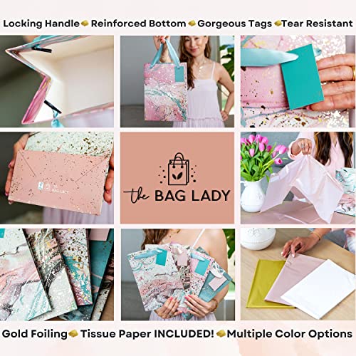 The Bag Lady - Pastel Gift Bags with Handles - Set of 8 Teal & Pink Gift Bags with Gorgeous Gold Foil - 9.5 x 7 Inch Bags Come with Tags & Colorful Tissue Paper - Officially Certified by the FSC C113128