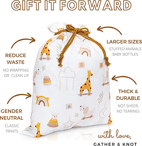 Gather & Knot Drawstring Gift Bags | 20" Large 12" Small | Premium Canvas | Reusable Fabric Wrap for Baby Shower, Neutral Gender Reveal, Kid Birthday | Boho Toy