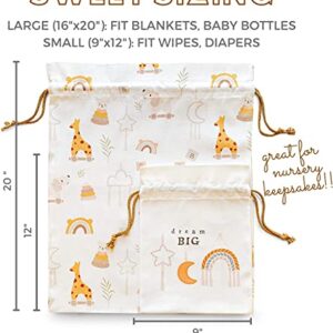 Gather & Knot Drawstring Gift Bags | 20" Large 12" Small | Premium Canvas | Reusable Fabric Wrap for Baby Shower, Neutral Gender Reveal, Kid Birthday | Boho Toy