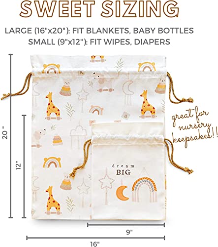 Gather & Knot Drawstring Gift Bags | 20" Large 12" Small | Premium Canvas | Reusable Fabric Wrap for Baby Shower, Neutral Gender Reveal, Kid Birthday | Boho Toy