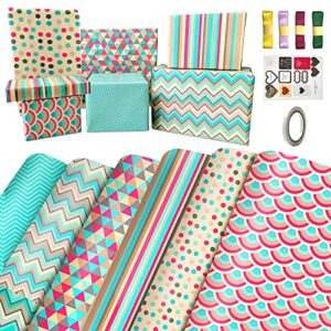 Wrapping Paper Sheets - Folded Flat - Birthday Wrapping Paper Set Included 6 Pack Gift Wrap Paper with Ribbon,Tag,Red Green Gift Wrapping Paper for Birthday,Bridal Baby Shower,Weddings,Graduations,Women,Men,Boy,Girl,All Occasion