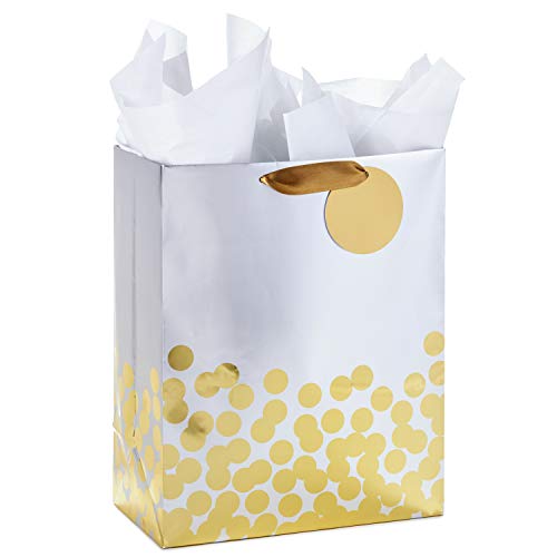 Hallmark 13" Large Gift Bag with Tissue Paper (Gold Foil Dots on Silver) for Graduations, Engagements, Bridal Showers, Weddings, Valentines Day, Holidays, Christmas, Any Occasion