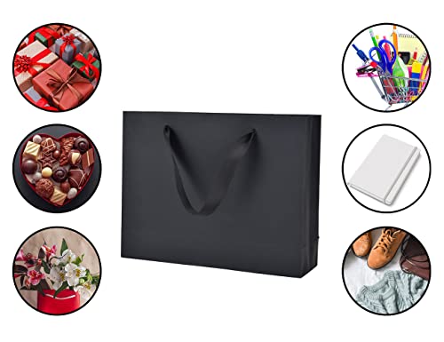 HUAPRINT Black Paper Bags,Shopping bags with Ribbon Handles,20Pcs,10.6x8.3x3.1,Craft Gift Bags for Clothes,Bulk Lunch Bags,Retail Bags,Party Favor Bags,Merchandise Business Bags,Wedding Bags