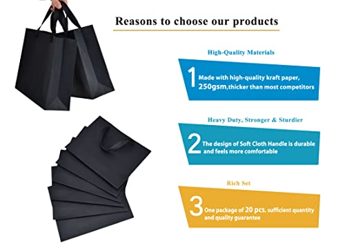 HUAPRINT Black Paper Bags,Shopping bags with Ribbon Handles,20Pcs,10.6x8.3x3.1,Craft Gift Bags for Clothes,Bulk Lunch Bags,Retail Bags,Party Favor Bags,Merchandise Business Bags,Wedding Bags