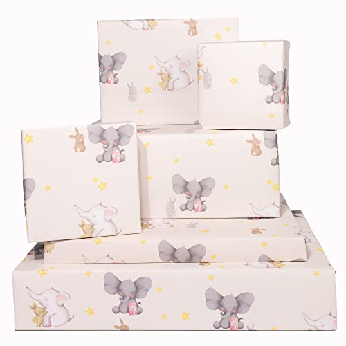 CENTRAL 23 - Elephants and Bunnies Wrapping Paper - 6 Sheet for Gift Wrap for Babies - Baby Shower - Christening - Baptism - Stars - Rabbit - Bunny - Made in the UK