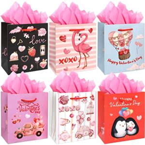 12 pcs valentine’s day paper gift bags 5.5 * 6.5 * 2.9″ with tissue paper for kids party favor classroom exchange prizes present wrapping