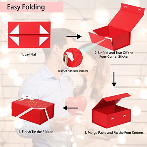 CHARMGIFTBOX Large Gift Box with Lids for Presents, 8.7x6.7x4 Inches Collapsible Red Gift Boxes with Magnetic Closure Ribbon and Card for Valentine's Day Birthday Bridesmaid Boxes