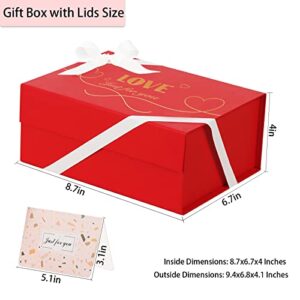 CHARMGIFTBOX Large Gift Box with Lids for Presents, 8.7x6.7x4 Inches Collapsible Red Gift Boxes with Magnetic Closure Ribbon and Card for Valentine's Day Birthday Bridesmaid Boxes