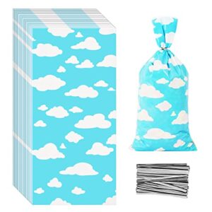 100 pcs blue sky white clouds treat bags white clouds print cellophane candy bags plastic goodie storage bags cartoon story party favor bags with twist ties for birthday party baby shower supplies