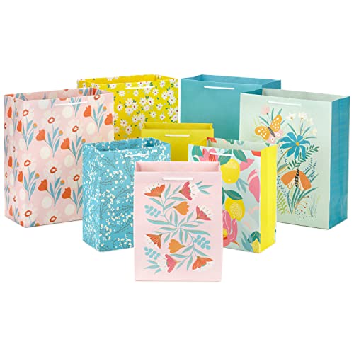 Hallmark Spring Gift Bags in Assorted Sizes (8 Bags: 4 Medium 9", 4 Large 13") Florals, Lemons, Teal, Pink and Yellow for Birthdays, Mother's Day, Easter, Bridal Showers