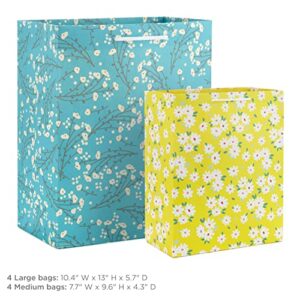 Hallmark Spring Gift Bags in Assorted Sizes (8 Bags: 4 Medium 9", 4 Large 13") Florals, Lemons, Teal, Pink and Yellow for Birthdays, Mother's Day, Easter, Bridal Showers