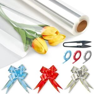 (31.5 in x 110 ft) cellophane wrap for gift baskets (accessories are inside wrap tube) 3mils thick, with 15 pull-bows, 3 ribbons & 1 cutter – clear cellophane wrap roll for flowers and food- folded in half