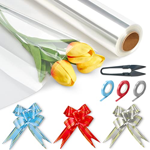 (31.5 in x 110 ft) Cellophane Wrap for Gift Baskets (Accessories are inside wrap Tube) 3Mils Thick, with 15 Pull-Bows, 3 Ribbons & 1 Cutter - Clear Cellophane Wrap Roll for Flowers and Food- Folded in half