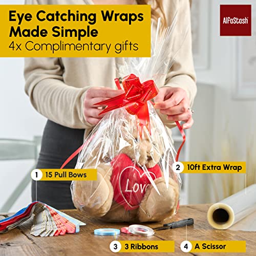 (31.5 in x 110 ft) Cellophane Wrap for Gift Baskets (Accessories are inside wrap Tube) 3Mils Thick, with 15 Pull-Bows, 3 Ribbons & 1 Cutter - Clear Cellophane Wrap Roll for Flowers and Food- Folded in half