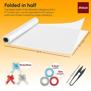 (31.5 in x 110 ft) Cellophane Wrap for Gift Baskets (Accessories are inside wrap Tube) 3Mils Thick, with 15 Pull-Bows, 3 Ribbons & 1 Cutter - Clear Cellophane Wrap Roll for Flowers and Food- Folded in half