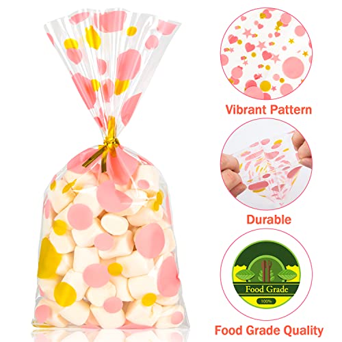 Labeol Cellophane Treat Bags 5x11 Party Favor Bags Candy Bags Goodie Bags Cookie Bags Clear Gift Bags for Valentines Day Birthday Party Wedding Baby Shower Pink Gold