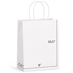 eupako paper bags 8×4.25×10.5 100 pcs white paper gift bags with handles bulk, kraft shopping bags, party favor bags, merchandise bags