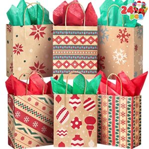 joyin 24 christmas kraft gift bags for holiday paper gift bags, christmas goody bags, xmas gift bags, classrooms and party favors (9 x 7.3 x 3.3″)