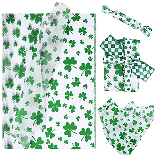 Bolsome 100 Sheet St. Patrick's Day Tissue Paper Bulk, Green Shamrock Wrapping Paper Clover Gift Wrapping Tissue Paper for Irish DIY Art Crafts Flower Pom Pom Home Party Favor Decor, 14 x 20in