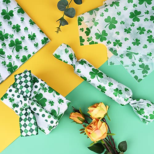 Bolsome 100 Sheet St. Patrick's Day Tissue Paper Bulk, Green Shamrock Wrapping Paper Clover Gift Wrapping Tissue Paper for Irish DIY Art Crafts Flower Pom Pom Home Party Favor Decor, 14 x 20in