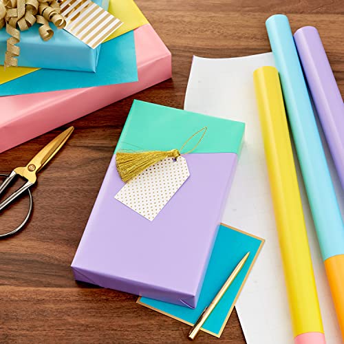 Hallmark Bright Pastel Wrapping Paper with Cutlines on Reverse (3 Rolls: 75 sq. ft. ttl) Dual Tone: Green, Violet, Pink, Yellow, Blue, Orange for Birthdays, Baby Showers, Easter
